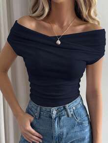 DAZY Women's Solid Color Off-The-Shoulder Short Sleeve T-Shirt, Spring/Summer,Off Shoulder Top - Navy Blue - View 8
