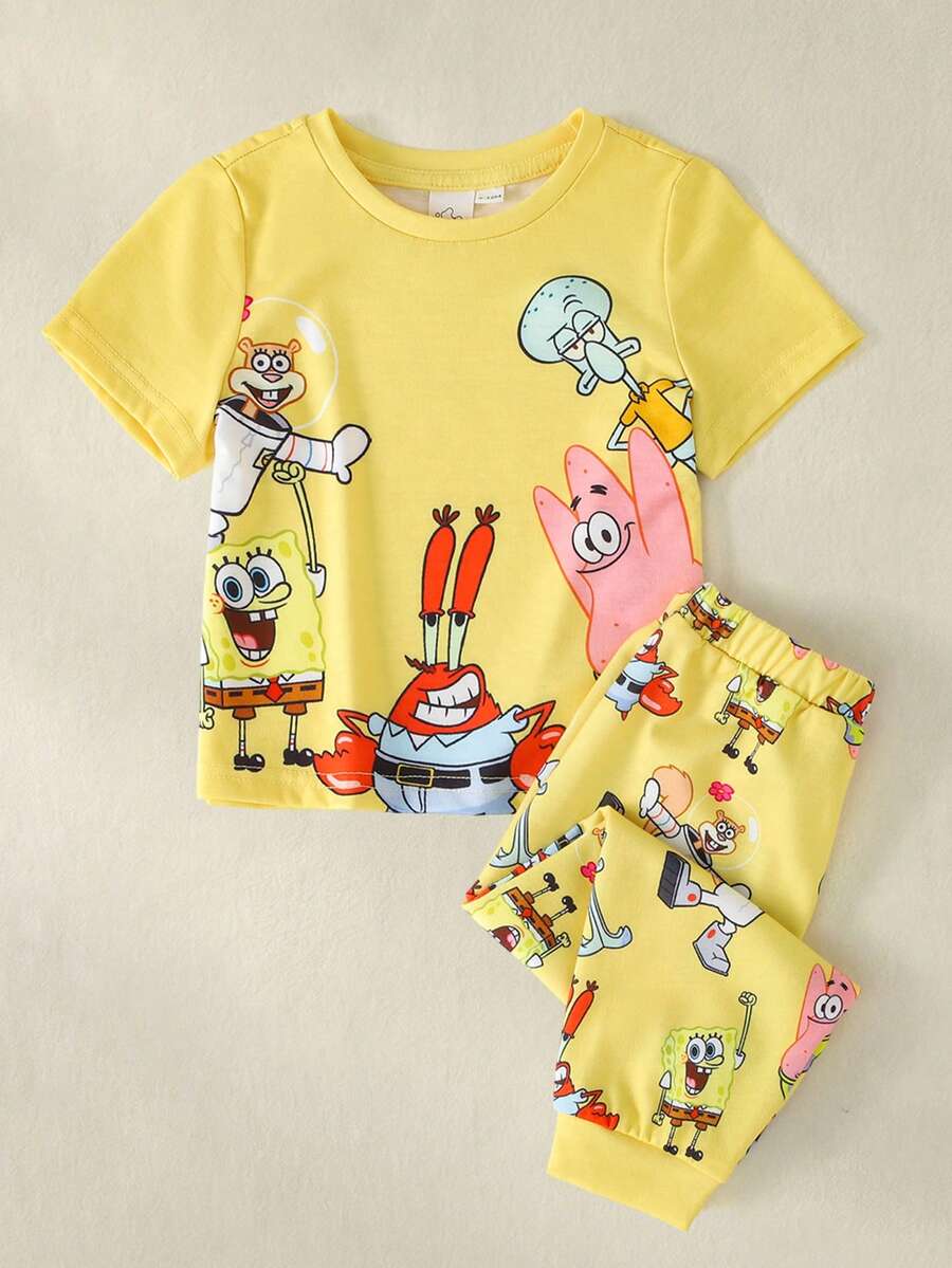 SpongeBob SquarePants | SHEIN Baby Boy Cartoon Print Crew Neck T-Shirt And Long Pants Set - Yellow - View 1