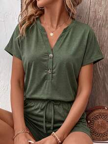 Zayélia Spring And Summer New Fashionable And Casual Military Green Short-Sleeved T-Shirt + Shorts Set - Army Green - View 6