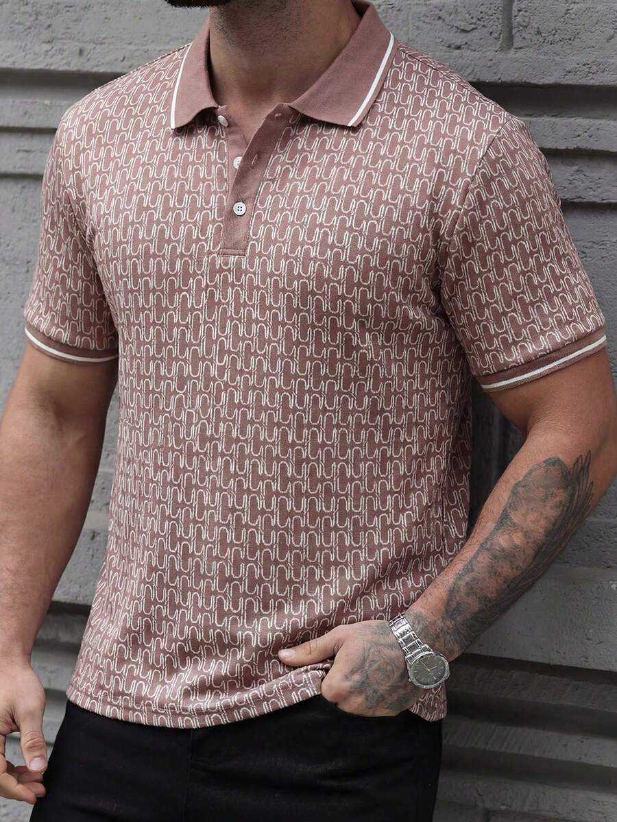 Manfinity CasualCool 男士全印花休闲通勤短袖 Polo 衫 - 粉色 - 查看 1