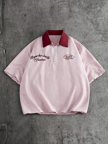 AXEPEAK 男士字母刺繡條紋短袖休閒 Polo 衫 - 紅色 - 查看 2