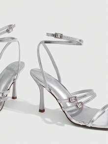 CUCCOO SZL New Square Toe PU Surface Rhinestone Buckle Rhinestone Buckle With Buckle Heel Shoes Romantic Elegance Temperament Simple Sexy Dress Shoes Dating Par - Silver - View 5