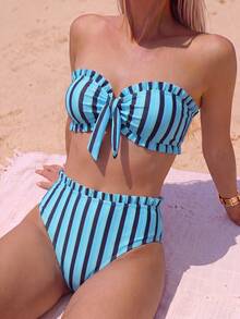 Swim Mod Spring/Summer Hot-Selling Beach Ditsy Floral 2 Pieces Ruffle Bandeau Set - Multicolor - View 4