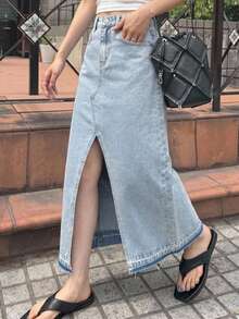 DAZY 女款中腰深色毛邊拼接長傘裙牛仔裙 Y2K 風格 - 藍色 - 查看 4