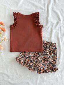 SHEIN Vintaside Kids 女童夏季焦糖色荷葉邊無袖背心上衣套裝，嬰兒3D花朵螺紋上衣 + 花卉荷葉邊下擺短褲 2件組 - 咖啡棕 - 查看 2