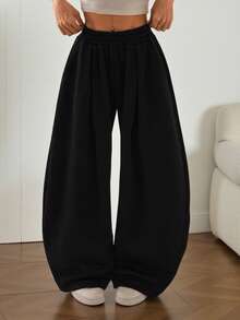 SHEIN PETITE Women's Solid Color Elastic Waist Loose Harem Pants ,Petite Women - Black - View 10