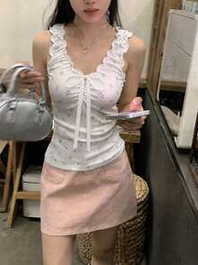FRIFUL Women's Summer Casual Vacation Ditsy Floral V-Neck Frill Bow Decor Ruched Bust Fitted Tank Top - White - View 2