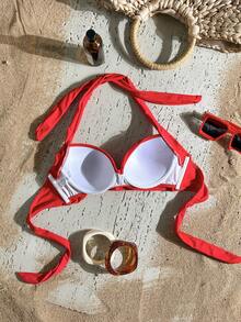 Swim Basics Women's Summer Beach Criss-Cross Halter Bikini Top, Push-Up With Underwire - Red - View 7