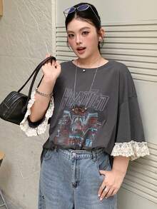 Dazy Plus Lightweight Sheer Lace Patchwork Colorblock Short Sleeve Letter Print Loose Casual T-Shirt, Versatile For Women & Plus Size Summer Graphic Tee - Dark Grey - View 4