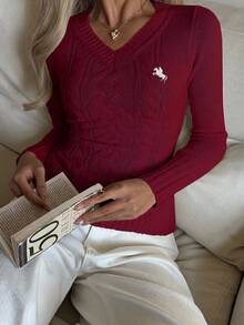 SHEIN EZwear 女款純色V領長袖針織衫，簡約時尚，適合夏季 - 玫瑰紅 - 查看 6