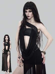 ROMWE Goth 垂領哥德風流蘇抹胸上衣 女款PU皮革金屬仿針織 性感辣妹風 - 黑色 - 查看 1