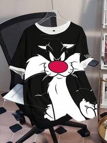 LOONEY TUNES X SHEIN 大尺碼夏季休閒卡通印花T恤 - 白色 - 查看 5