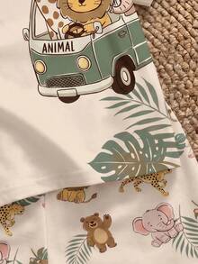 男嬰夏季休閒簡約T恤套裝，經典可愛手繪童話動物世界圖案印花，動物保護巡邏隊，豹、虎、獅、斑馬、鱷魚圖案印花 - 彩色 - 查看 5