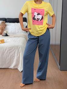 DAZY Women's Cartoon Print Top & Plaid Pants Pajama Set Summer - Yellow - View 3