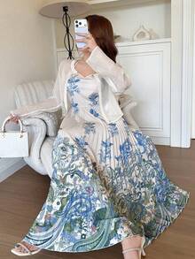 Feyla 女款夏季優雅浪漫佩斯利印花百褶長袖上衣與裙子兩件套 白色藍白度假茶會風 - 杏色 - 查看 5