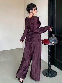 Joudiya Autumn Summer Dark Purple Ruffle Trim Shirt Straight Leg Pants Elegant Wedding Brunch Party Women 2 Pieces Set - Violet Purple - View 8