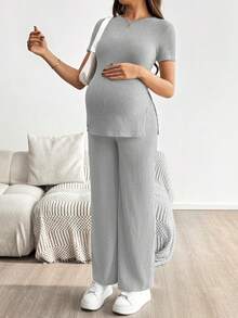 SHEIN 孕婦純色羅紋側開衩下擺T恤與可調腰圍長褲休閒兩件套 - 灰色 - 查看 7
