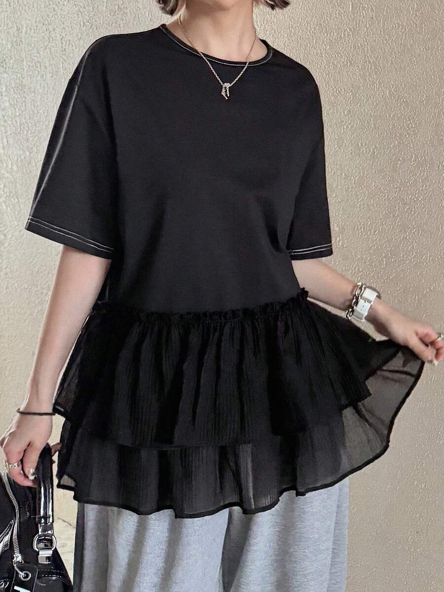 FRIFUL 女款圓領多色字母印花裝飾袖拼接寬鬆運動休閒街頭風夏季T恤 早午餐黑色 - 黑色 - 查看 1