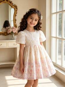 SHEIN Elladie kids Elegantes Sommerkleid für Kleine Mädchen mit Rundhalsausschnitt, Puffärmeln und Falten - Pink - Übersicht 6