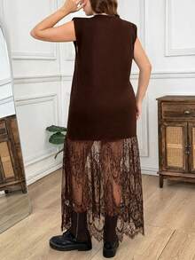 Easowa Curve Plus Size Women Solid Color Contrast Lace Hem Elegant Normal Sleeveless Dress Tea Party Formal Birthday Brown Summer - Brown - View 2