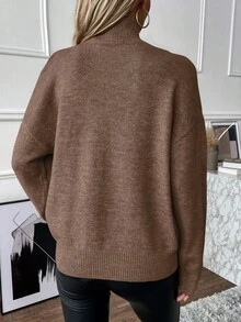 SHEIN LUNE 秋冬休閒百搭純色立領露肩針織衫 - 棕色 - 查看 3