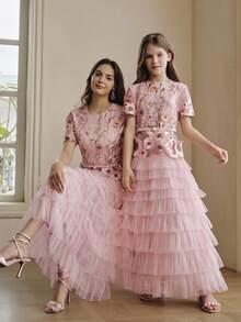 Anewsta Girls' Elegant Playful Cute Princess Dress, Birthday Party Banquet Vine 3D Embroidered Round Neck Short Sleeve Waist-Cinching A-Line Puff Cake Long Dress - Baby Pink - View 4