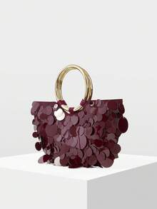 MOTF WOMEN'S FASHION BURGUNDY SEQUINED HANDBAG, ROUND HANDLE, EXQUISITE SHINY SIMPLE SEMI-ROUND BAG, SUITABLE FOR DATING AND PARTIES, SUMMER VACATION, TRAVEL, SEASIDE, BEACH, BOHEMIAN, MATCHING - Burgundy - View 2