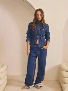 Aralina Winter Summer Cinched Waist Denim Jacket Western Country Concert Office Spring Jacket - Medium Wash - View 5
