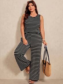 Elaquor Plus Size Women's Round Neck Striped Colorblock Top And Wide Leg Pants Casual Daily 2-Piece Set - Black and White - View 4