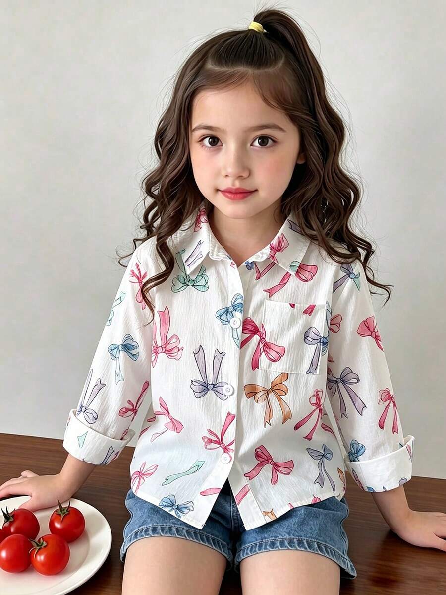 SHEIN Genkimix Kids YOUNG GIRLS 返校季白色彩色蝴蝶結緞帶印花長袖領口襯衫 學院風鈕扣上衣 童裝秋季單件