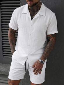 Manfinity Homme Men's Solid Color Versatile Single-Breasted Short Sleeve Shirt And Drawstring Waist Pocket Shorts Set - White - View 3