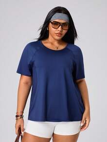 Easithlete Plus Size Women's Solid Color Round Neck Raglan Short Sleeve Sports T-Shirt - Navy Blue - View 7