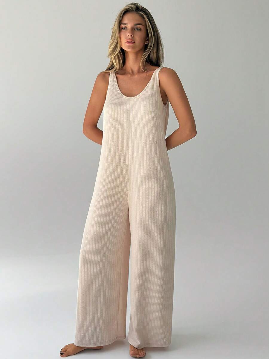 Livesso Women's Solid Color Round Neck Casual Daily Home Wear Jumpsuit - Apricot - View 1
