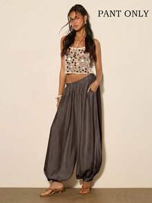 COSMINA Women's Solid Color Pocket Pleated Casual Daily Lantern Pants - Coffee Brown - View 4