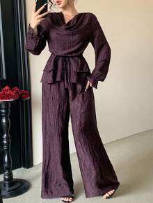 Joudiya Autumn Summer Dark Purple Ruffle Trim Shirt Straight Leg Pants Elegant Wedding Brunch Party Women 2 Pieces Set - Violet Purple - View 2