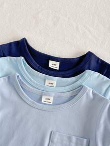 SHEIN Vintaside Kids 6件/3套男嬰簡單純色印花圓領短袖T恤與格紋條紋短褲多件套裝，適合日常穿著、外出、度假，春夏季適用 - 彩色 - 查看 4