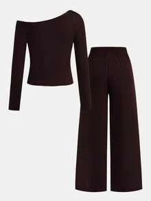 Girlism Kids Tween Girls T-Shirt Co-Ords Autumn Solid-Color Casual Slim-Fit Off-Shoulder T-Shirt And Trousers Set With Metallic Decorative Buckle - Burgundy - View 2