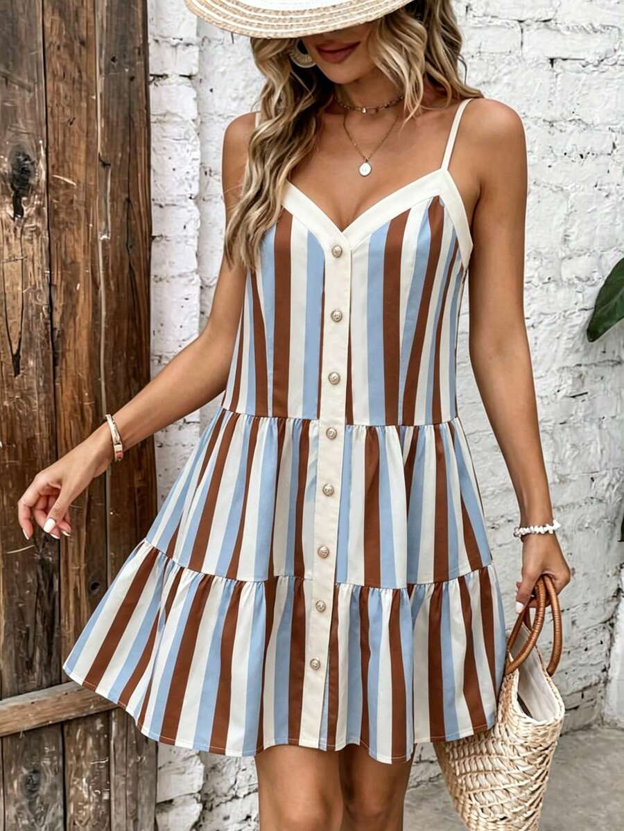SHEIN Holidaya 休閒、海灘、通勤、浪漫派對、生日、演唱會、情人節及其他場合；女款夏季新款拼色可愛細肩帶度假短裙，荷葉邊裙襬 A 字度假洋裝，印花短洋裝，細肩帶拼色女款度假夏日洋裝 - 彩色 - 查看 1