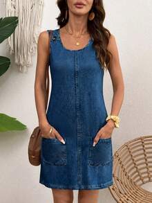 EMERY ROSE Women's Autumn Vacation Denim Effect Sleeveless Short Dress Vacation Aqua Blue Casual - Dark Wash - View 3