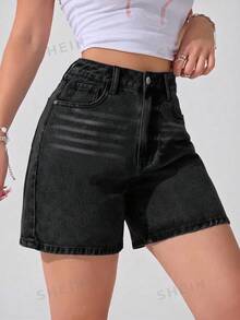 SHEIN ICON 女士休闲日常通勤水洗牛仔短裤，夏季 - 黑色 - 查看 5