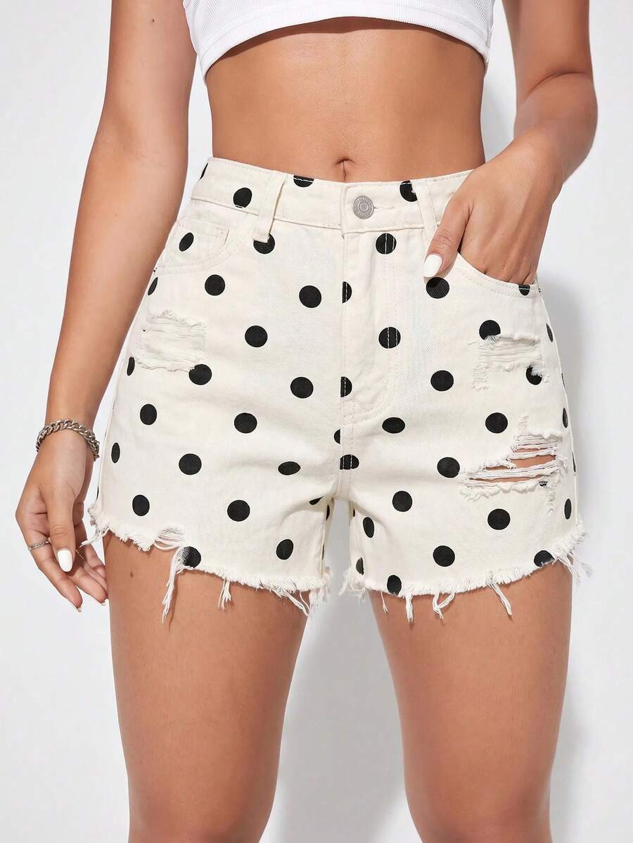 SHEIN Essnce 夏季休閒波點印花破洞牛仔短褲 - 白色 - 查看 1