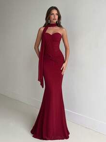 Aloruh Women's Elegant Gray-Green High-Stretch Knit Mesh Ruched Bust Waist Twist Fishtail Hem Dress (Detachable Halter) Formal Gown For Weddings Party Red - Red - View 4