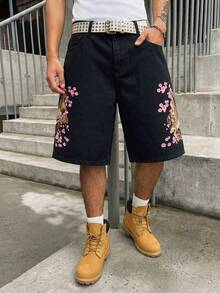 Manfinity EMRG Men's Casual Street Style Embroidered Black Denim Shorts - Black - View 5