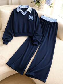 SHEIN Casuvi Kids 2件組 秋冬青少年女孩 Romweezy 寬鬆休閒設計拼色 2合1 領口V領短版衛衣搭配寬鬆休閒寬腿拼色拼接長褲，適合日常通勤、休閒、度假、姊妹聚會、街頭風 - 彩色 - 查看 5