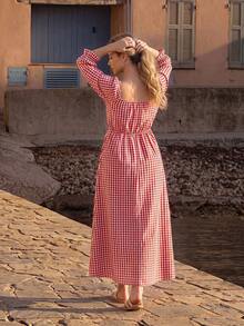 Vivid Eden Plus Size Vacation Casual Plaid Dress - Red - View 5