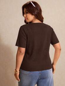Elaquor Plus Size Casual Versatile Solid Color Short Sleeve Cardigan - Coffee Brown - View 2