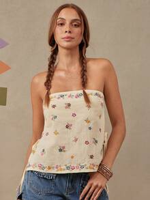 fluido sin tirantes con lazos laterales y bordado floral, 100% algodón - Albaricoque - Ver 4