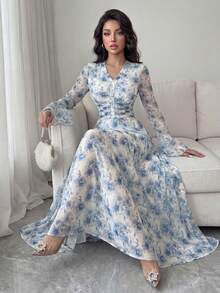 Modelyn Petite Vestido de Verão Elegante para Mulher Petite, Azul com Estampa Floral, Cintura Marcada, Botões, Decote em V, Mangas com Punhos Alargados, para Férias e Chá da Tarde - Multicolorido - Ver 4