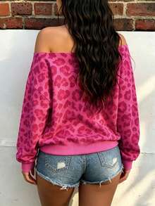 Rovax Rose Red Leopard Print Off-Shoulder Loose Long Sleeve Sweatshirt Y2K Vintage Leopard Print Off-Shoulder Loose Long Sleeve Women's - Hot Pink - View 2