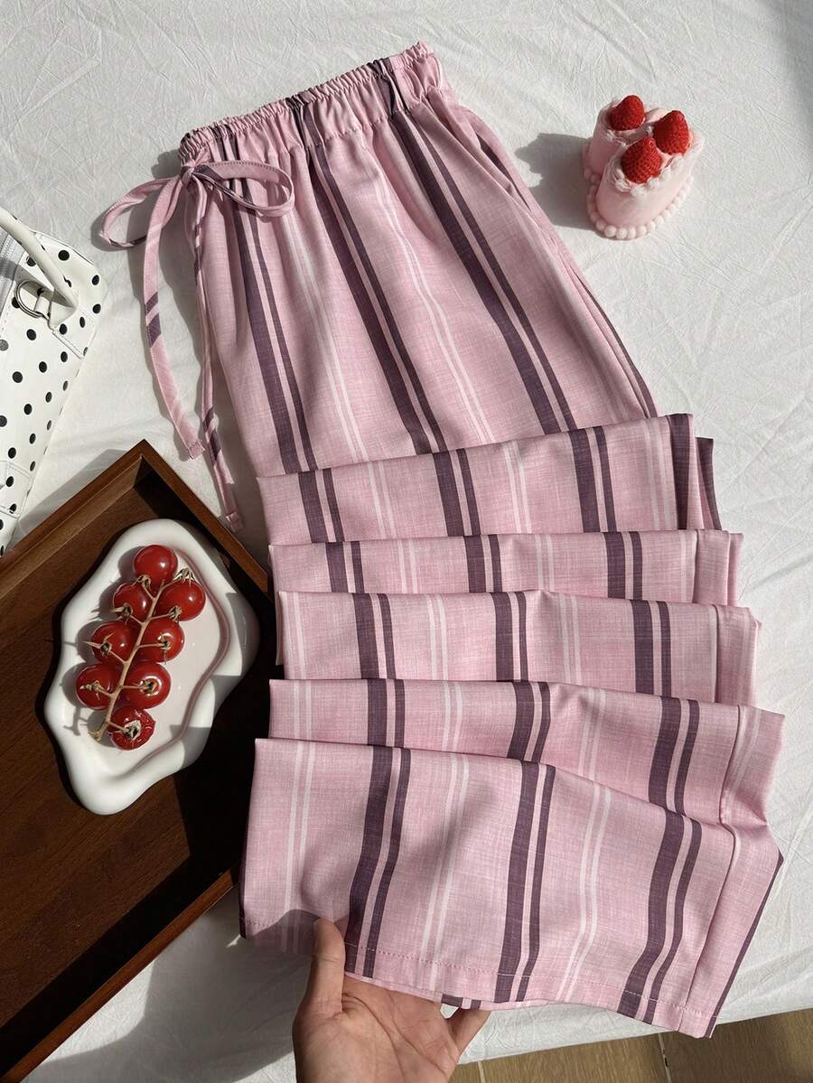 CovetEZ 春夏度假風亞麻休閒大尺碼女款條紋腰綁帶長褲 - 淺粉色 - View 1